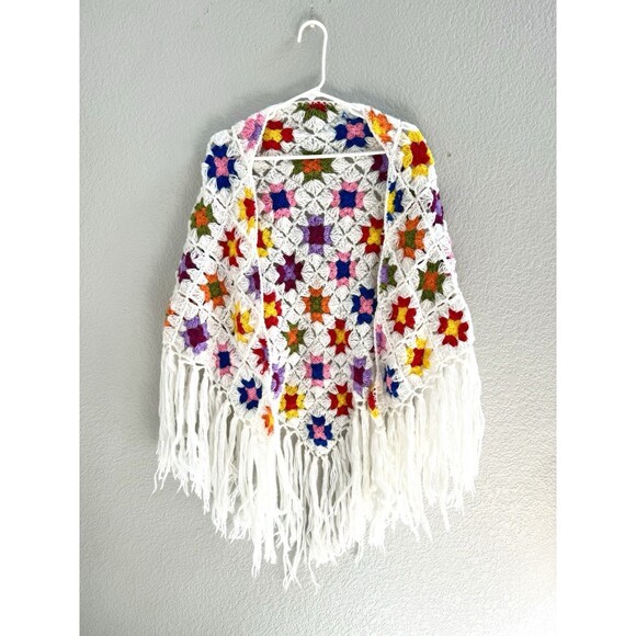 VTG Crocheted afghan Granny Square Fringed Wrap Scarf Shrug Cape Shawl Poncho - Picture 1 of 6